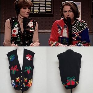 90s Vintage Tacky Ugly Christmas Sweater Mistletoe X-mas Gifts Knit Gold Crest L